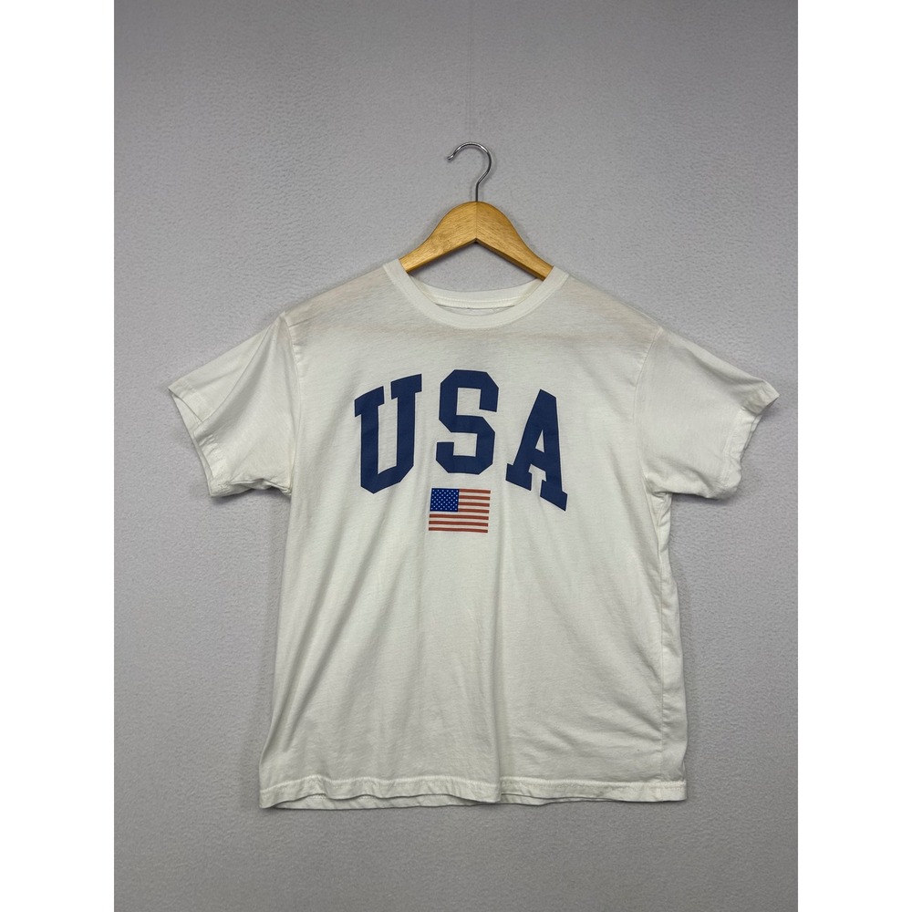 Patriotic Americana Mighty Fine Mens Large White USA Flag Graphic T-Shirt